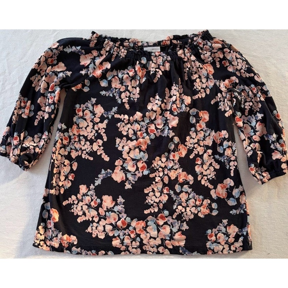 J. Jill Women Black Floral Boat Neck Blouse 3/4 Sleeve XS‎ Boho Peasant Feminine
